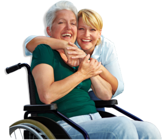Smiling senior in wheelchair and her nurse